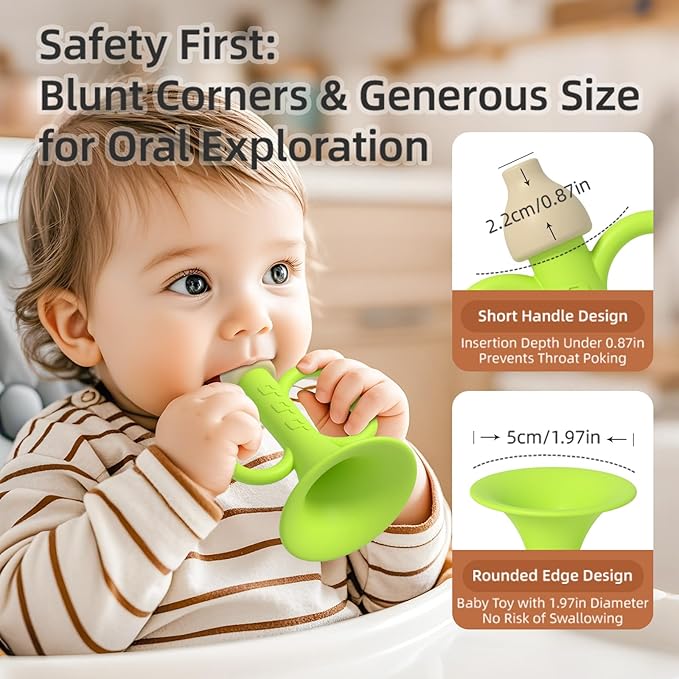 Baby Trumpet Toy 6-12 Months, Silicone Baby Horn Blowing Toy with 2PCS Yellow Green for Teething Sensory Play, Infant Easy Grip Teether Whistle Toys 0-6 Months, Toddlers Newborn Gift