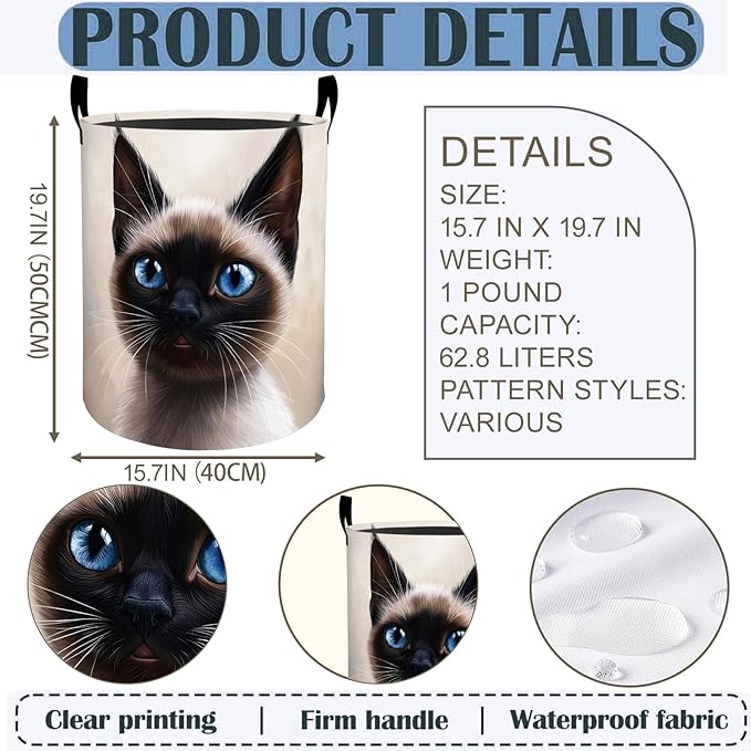 Siamese Cat Laundry Basket Hamper 19.7"x15.8", Cute Kitty Foldable Waterproof Oxford Clothes Storage Bucket for Room Bathroom Bedroom Nursery Decor, Toy Organizer Bins Gifts for Kids Boys Girls