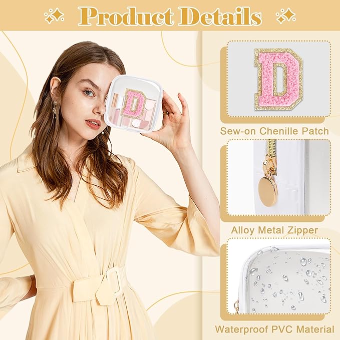 Personalized Initial Letter Clear Preppy Makeup Bag,Mini Nylon Chenille Letter Cosmetic Bag Cute Zipper Pouch Purse for Teen Girls,Portable TSA Approved Beach Travel Essentials Bag Gift for Women,D
