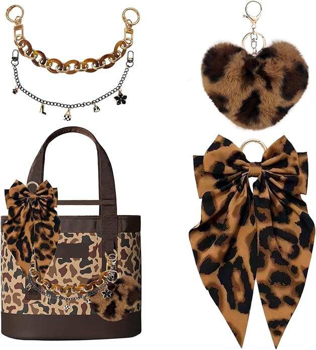 CuddleJunk Bag Charms for Tote Bags, Satin Bow Keychain Kit Accessories for Yeti Camino, Fluffy Ball Gold Chains Charms for Women Purse Beach Handbag