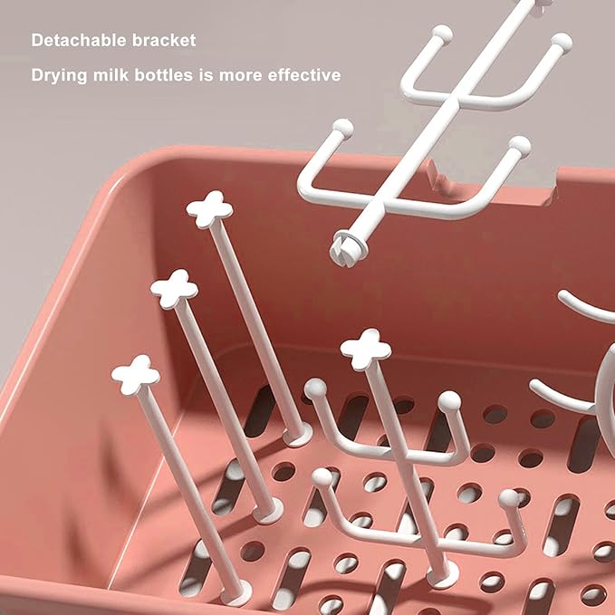 Baby Bottle Drying Storage Box, Removable PP Cover Portable Keep Dry Dust Proof 360° Seal Design Baby Bottle Drying Rack Container for Home for Baby (Implicit Pink)