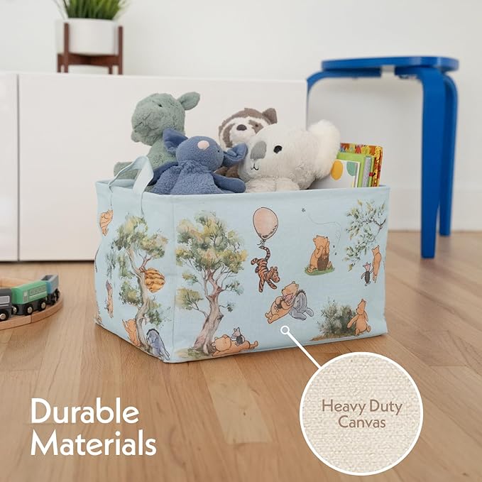 Sweet Baby Classic Winnie Pooh Storage Nursery Basket With Hard Bottom Large Square Canvas Cotton Laundry Hamper Bin Waterproof Foldable Bathroom and Bedroom Stuff Clothes Toys Vintage Decor (Blue)