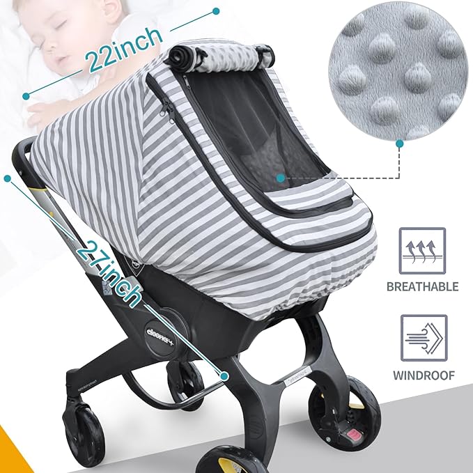 Car Seat Covers for Babies,Baby Car Seat Cover for Boys Girls,Windproof Infant Carseat Cover,Kick-Proof Car Seat Canopy with Breathable Mesh Peep Window(Grey Stripe)