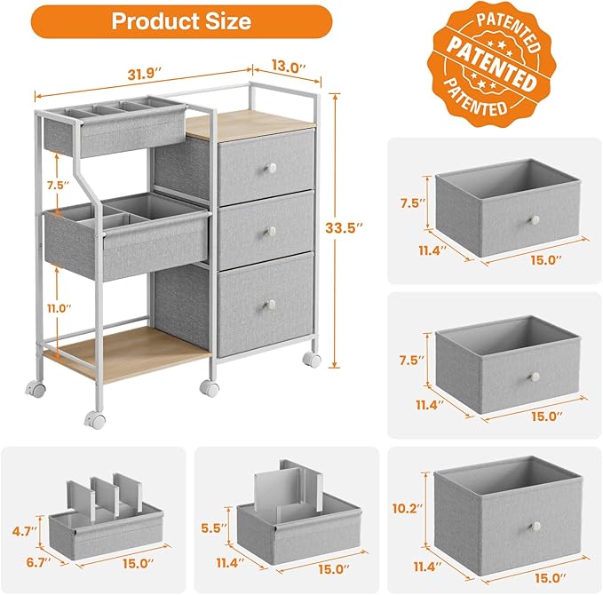 Baby Organizer and Storage - 3 Tier Rolling Cart with Dividers and Drawers, Easy To Assemble, Mobile Utility Cart with Wheels for Nursery, Bedroom, Changing Table & Crib,Light Gray
