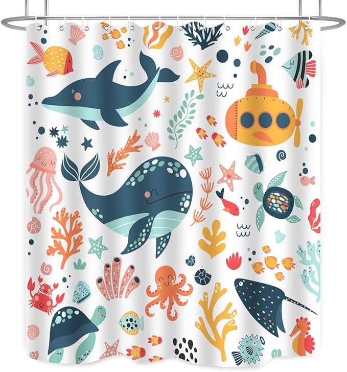 Kids Cartoon Ocean Shower Curtain Cute Fish Sea Turtle Whale Dolphin Funny Underwater Submarine Animal Sea Life Children Home Bathroom Decor Waterproof Fabric 72Lx60W Inch with 12PCS Hooks