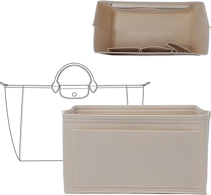Premium Felt Tote Bag Organizer Insert for Longchamp-Le Pliage L Travel Bag, Large Purse Insert with Zipper Pocket and Cup Holder, 9 Compartments, Beige/LT