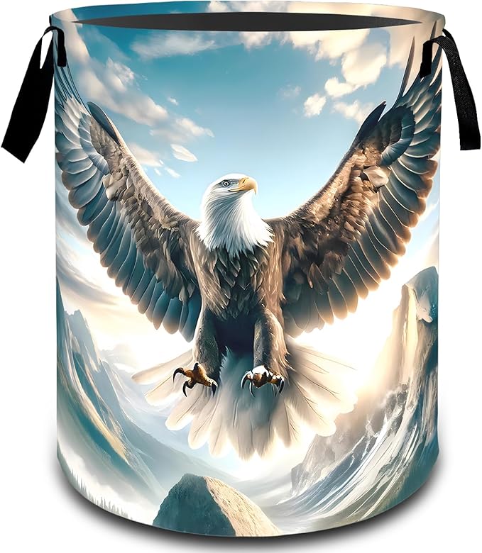 VODRM Bald Eagle Mountain Laundry Basket, Dirty Collapsible Clothes Toy Organizer Hamper for Kids Adults, Oxford Cloth Waterproof Storage Bin for Bedroom Bathroom Patriotic Decor Gifts, 19.7"X15.7"