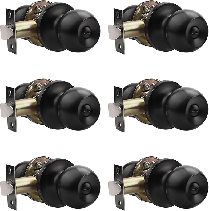 Knobonly 6 Pack Privacy Door Knobs Matte Black, Keyless Door Knobs Interior for Bedroom and Bathroom, Round Door Handles Stainless Steel, Classic Design