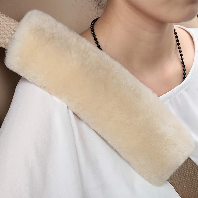 Soft Genuine Sheepskin Wool Auto Seat Belt Cover Seatbelt Shoulder Pad for a More Comfortable Driving, Compatible with All Cars(Beige)