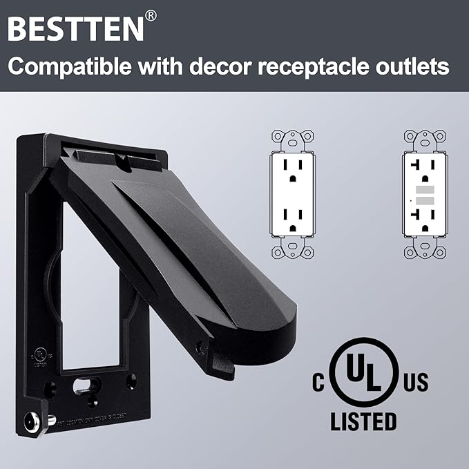 [3 Pack] BESTTEN Outdoor Outlet Cover for GFCI and Decor Receptacle, Weather Proof, Vertical/Horizontal Auto-Closing Lid, UL Listed, Black, H4.65” x W2.87” x D0.71”