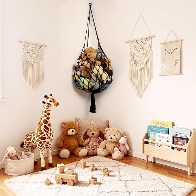 Stuffed Animal Storage Hammock Corner Hanging Net Stuffy Animal Hammock Macrame Toy Display Plush Toy Holder for Kid Bedroom Decor Boho Nursery Playroom Organizer (Black)