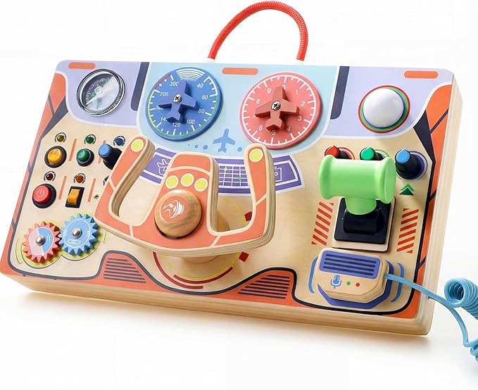 Teekdeer Montessori Busy Board for Toddlers 2-4,Wooden Sensory Steering Wheel Toys with LED Light Switch,Travel Toy Educational Fidget Activity Board for Boys and Girls Gift