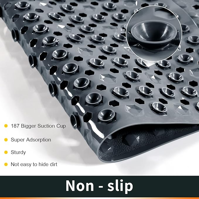 Yimobra Bath Tub Mat Non Slip, 34.5"x15.5" Long Shower Mat, Machine Washable Bathmat with Drain Holes and Suction Cups, Soft on Feet, Bathroom Essentials, Dark Grey