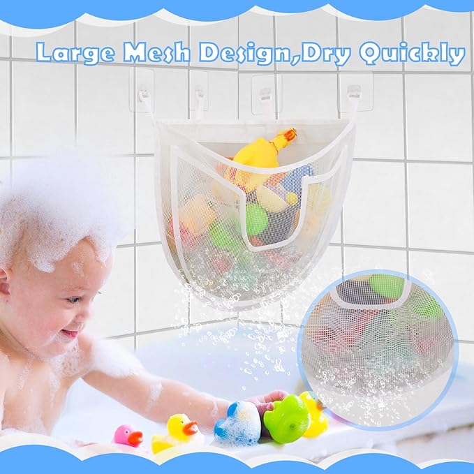 Bath Toy Storage, Large Capacity Bath Toy Holder with Bottom Zipper, Quick Release Bathtub Toy Storage with Large Pocket, Corner Mesh Bath Toy Organizer Basket Bin for Bathroom Toys - White