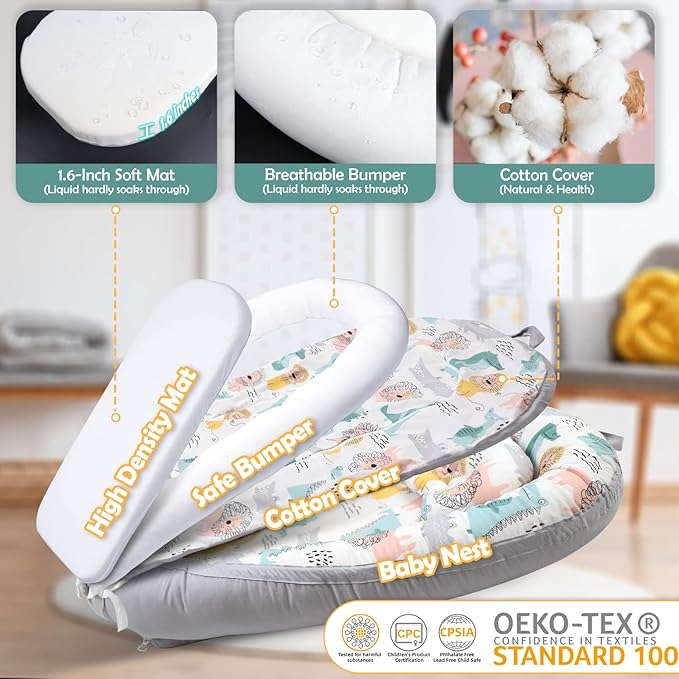 Baby Lounger-Breathable and Soft Organic 100% Cotton, Portable Infant Lounger with Removable Lounger Cover, Floor Lounger for Newborn - Lion