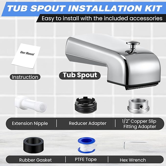 Dreyoo Tub Spout (Universal Fits 1/2" Copper Pipe, 1/2" IPS and 3/4" IPS), Bathroom Bathtub Faucet with Adapters and Hex Wrench(Chrome,Waterfall Spout)