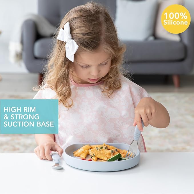 Bumkins Toddler and Baby Suction Plate, Silicone Grip Dish for Babies and Kids, Baby Led Weaning, Children Feeding Supplies, Non Skid Sticky Bottom, Platinum Silicone, Ages 6 Months Up, Gray