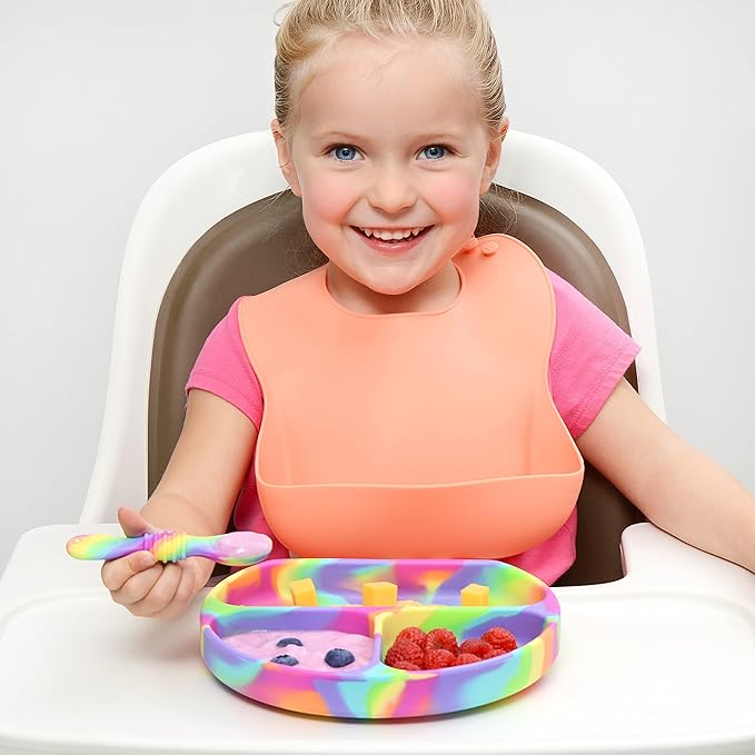 PrimaStella Unbreakable Silicone Non-Slip Baby & Toddler Plate and Spoon Feeding Set - Rainbow Swirl