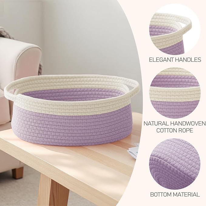 JMvicyroam Woven Basket,Small Rope Storage Bin with Handles & Ribbon Bag, Organizer for Shelves Closets,Gift Basket Empty for Birthday,Books,Dog Toys, White&Purple