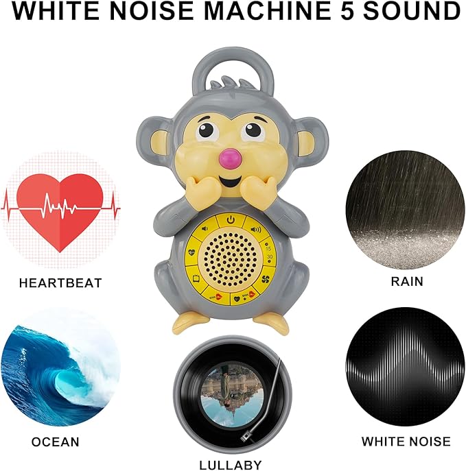 BIGMONAT Monkey Baby Sleep Soother with a White Noise Sound Machine Featuring 5 Soft Ambient Sounds, USB Rechargeable and Lullaby Machine for Sleeping Travel Baby Gift (Brown)