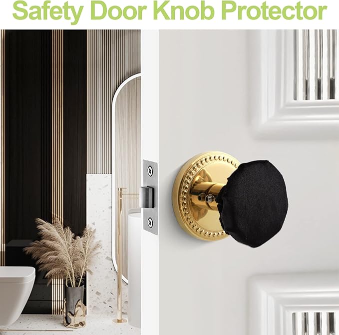 Door Handle Covers, 2Pcs Black Decorative Round Door Knob Covers Soft Door Handle Glove Anti-Static Safety Door Knob Protector with Clear Anti-Collision Adhesive Strip