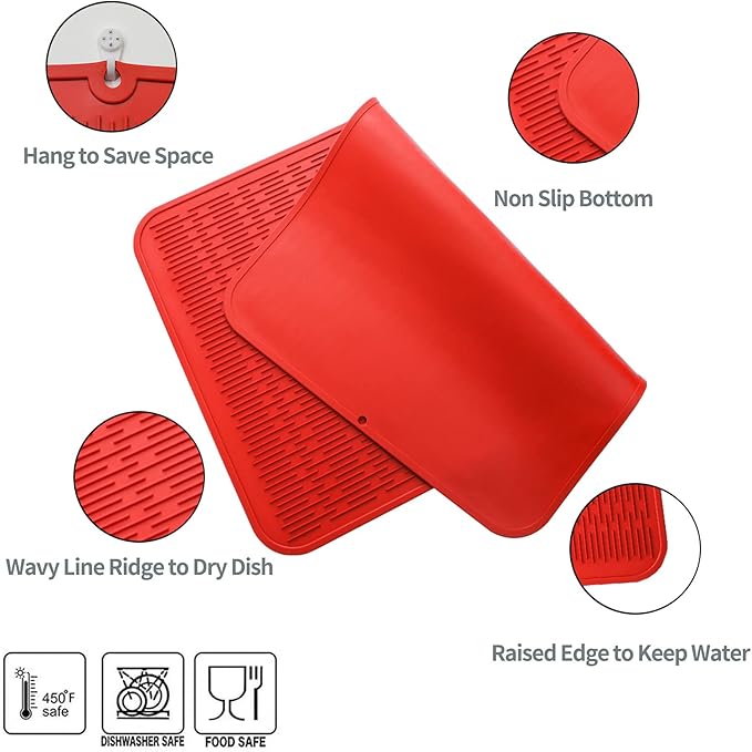 MicoYang Silicone Dish Drying Mat for Multiple Usage,Easy clean,Eco-friendly,Heat-resistant Silicone Mat for Kitchen Counter or Sink,Refrigerator or Drawer Liner Red 4XL 32 inches x 18 inches