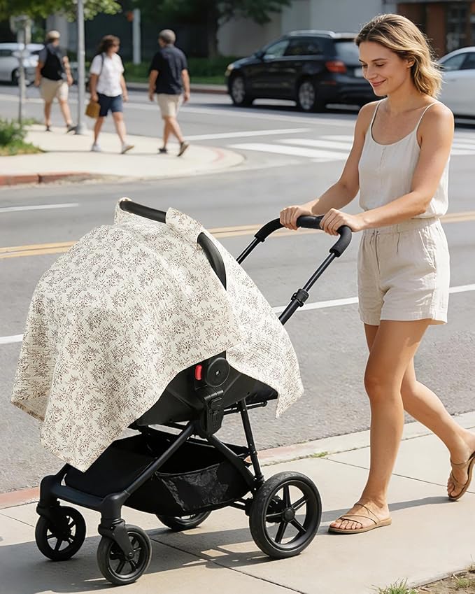 100% Muslin Cotton Car Seat Cover, Soft Breathable Car Seat Canopy for Baby, Universal Infant Carseat Sunshade, Lightweight Summer Stroller Cover for Boys Girls - Floral Print