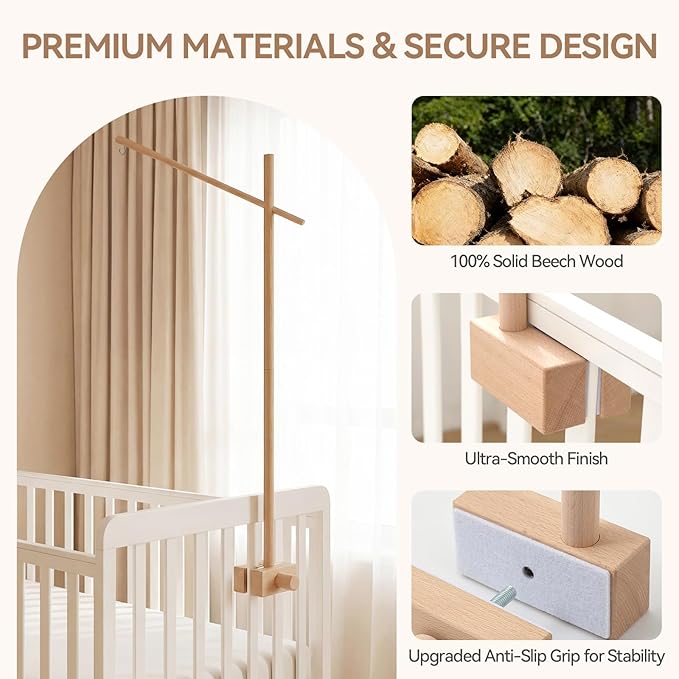 Baby Crib Mobile Arm - 32 Inch Wooden Mobile Arm Adjustable Mobile Holder for Crib Mobile Hanger Baby Crib Attachment Nursery Decor