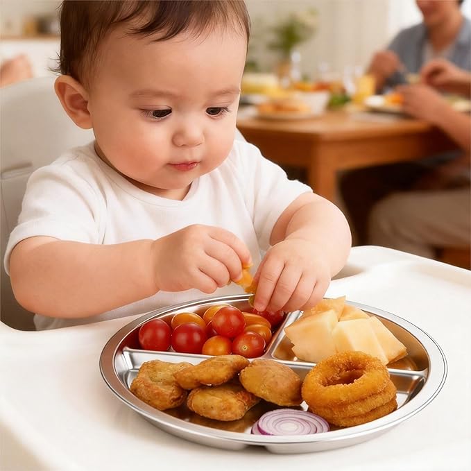 PandaEar 4 Pack Stainless Steel Divided Plates for Kids, 8.1” Portion Control Plates with 3 Compartments, Reusable Metal Dishes for Balanced Meals, Camping & Home Use (4, Silver)
