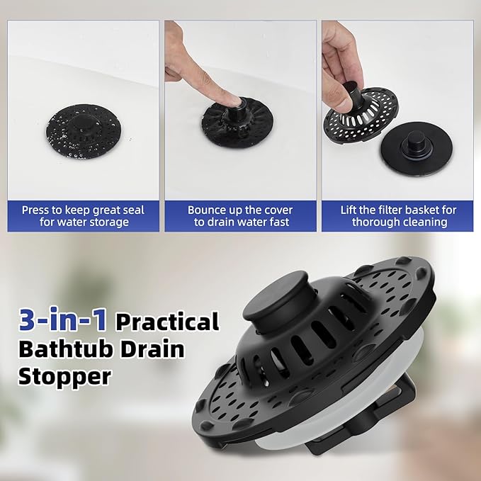 Universal Bathtub Drain Stopper Shower Drain Hair Catcher, Tub Stopper with Visible Top Strainer, Upgraded 3 in 1 Pop-up Drain Plug Fit for 1.5 to 2.4" Hole, Stainless Steel Filter Basket, Matte Black