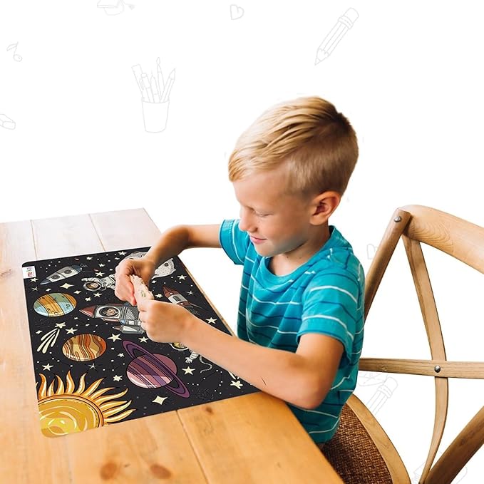 merka Kids Placemats - 17 x 11 in, Multicolor, Set of 4 - Washable Plastic Dining Table Placemats - Reusable & Wipeable Ocean, Space, Jungle & Unicorn Themes - Ages 2+