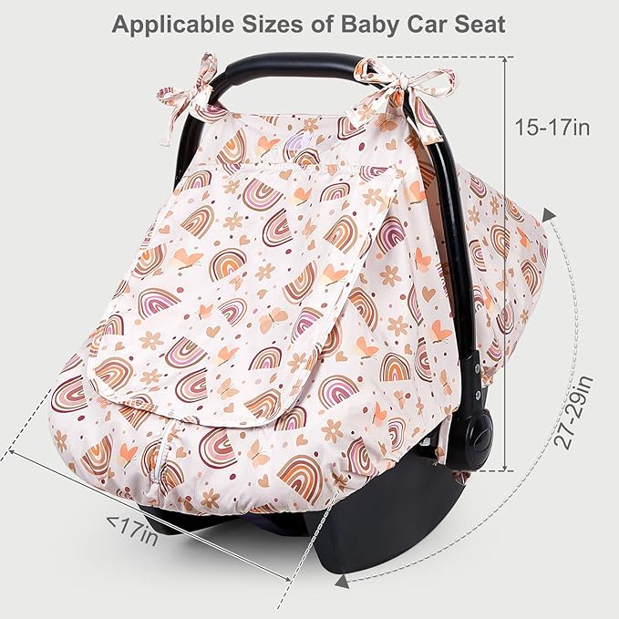 FIOBEE Baby Car Seat Cover, Car Seat Covers for Babies Infant Car Seat Canopy with Breathable Mesh Window Waterproof Carseat Cover for Babies Boy Girl 4 Seasons, Brown Rainbow