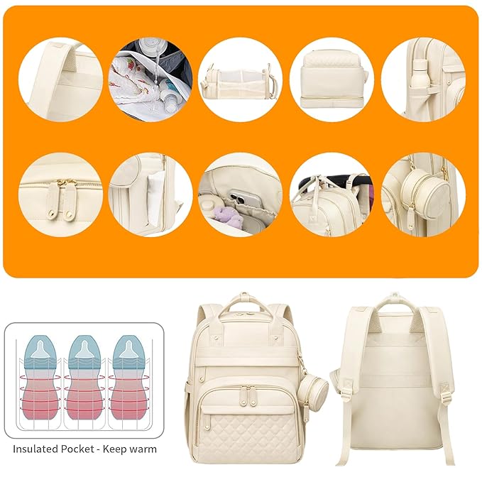 Baby Diaper Bags with Changing Station, Waterproof Diaper Bag Backpack for Moms Dads with USB Charging Port, Baby Shower Gifts, Large Capacity diaper backpack, Beige