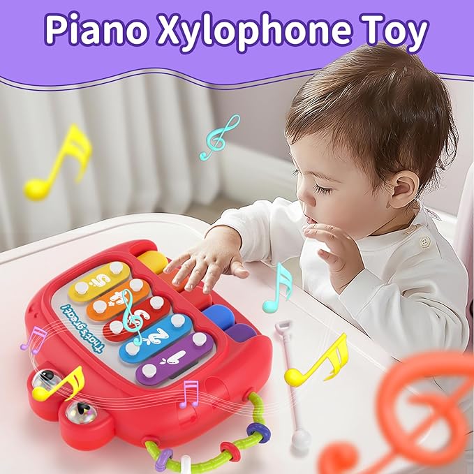 usrela 4 in 1 Baby Toys for 6 12 18 Month, Learning Toys for Babies 6-12 Months, Busy Cube, Stacking Sorter, Piano Xylophone Pull String Travel Toy, Birthday Gifts for Toddlers 1 2 Years Old