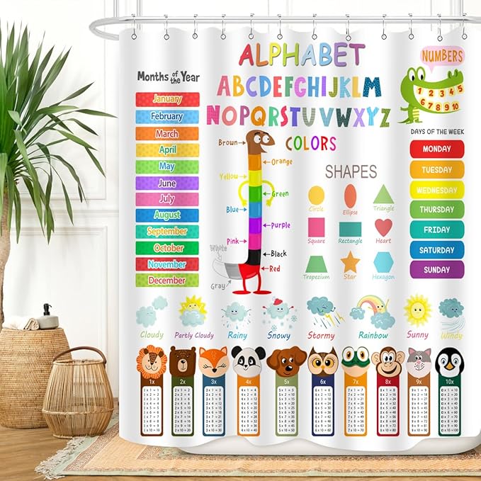 Kids Educational Shower Curtain ABC Learning Tool Funny Cartoon Animals Colors Shapes Weathers Multiplication Table Girls Boys Colorful Decor Waterproof Fabric 72Lx60W Inch with Hooks