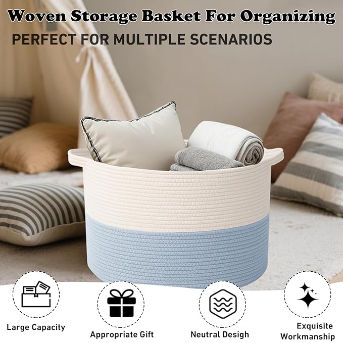 Large Storage Basket with Handle,19.7" L x 19.7" W x 13" H Blanket Basket Storage Bins for Organizing,65L Cotton Rope Woven Baskets for Living Room, Nursery,Bedroom,White&Blue