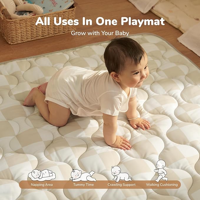Momcozy Baby Play Mat for Floor, 50x50 Thickened Playpen Mat, Playmate for Baby Tummy Time, Waterproof & Non-Slip, Foldable Outdoor Mat with Carrying Handle, Khaki Plaid