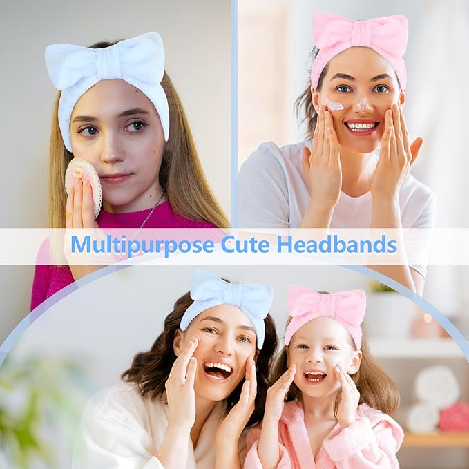 Ondder Spa Headbands for Women, Bow Makeup Skincare Headbands for Washing Face, Pink and Blue, Soft Coral Fleece, 8 Pack