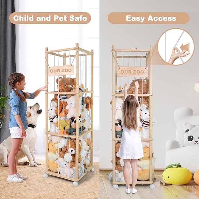 BENCHRY Stuffed Animal Storage, Wooden Cute Zoo Toy Holder with Brake Wheels, Space Save Toy Organizer, Large Capacity Stuffed Animal Holder, Perfect for Nursery Playroom Kidroom Bedroom-54 Inch