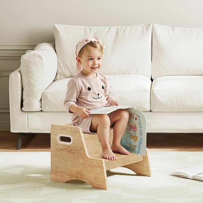 HOOBRO Wooden Step Stool, Two Step Stools Toddler for Potty Training, Natural Two Step Stool for Bedroom, Kitchen, Bathroom, Children's Stool with Handles and Safety Non-Slip Pads, Natural NL05JD01