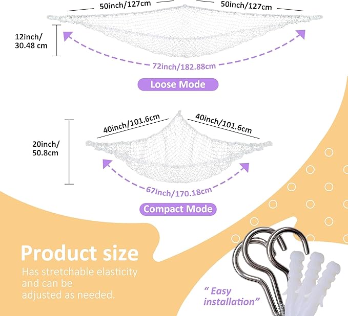 Lazebox Stuffed Animal Net Hammock for Plushie Toys, Stuffed Animal Hammock Corner for Kids' Room Decor, Ideas for Organizing Stuffy Collection, White, L (67" x 40" x 40")-Pack of 2