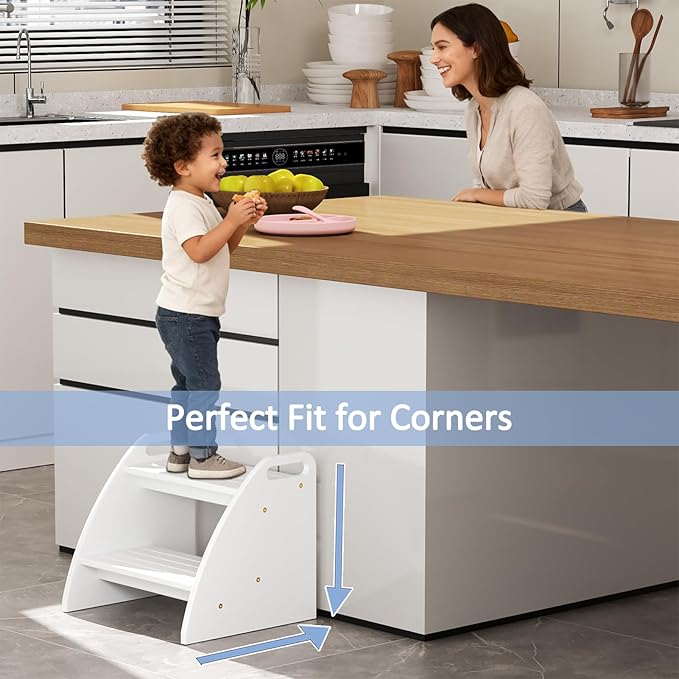 Step Stool for Toddlers, Two Stepping Stool Toddler 300lbs Capacity, with Non-Slip Handles and Pads,White Kids Step Stool for Bathroom Sink, Perfect Natural Wooden Step Stool for Kitchen