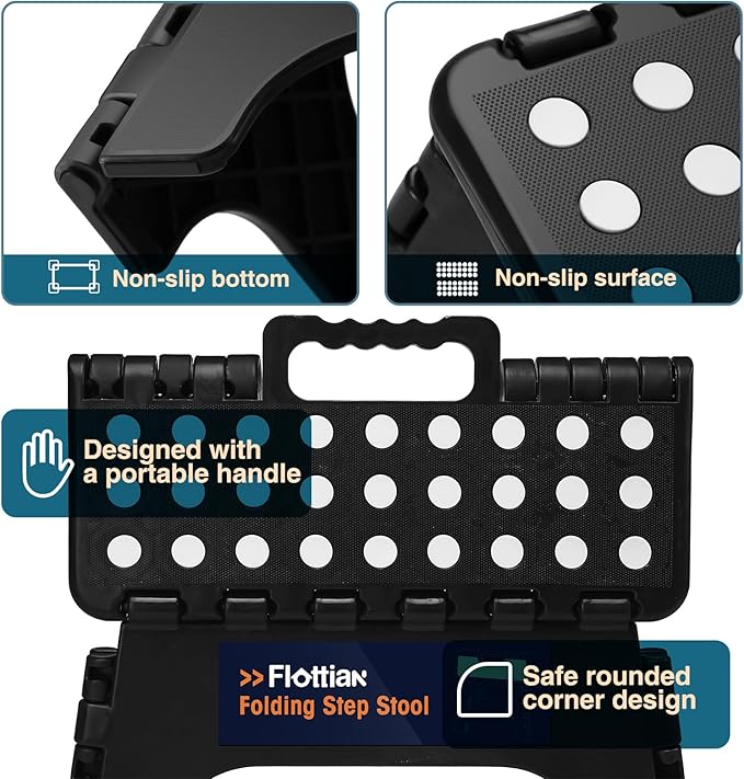 Flottian 9" Folding Step Stool for Adults and Kids Holds Up to 300 lbs,Non-Slip Folding Stools with Portable Handle, Compact Plastic Foldable Step Stool for Bathroom,Bedroom, Kitchen Black