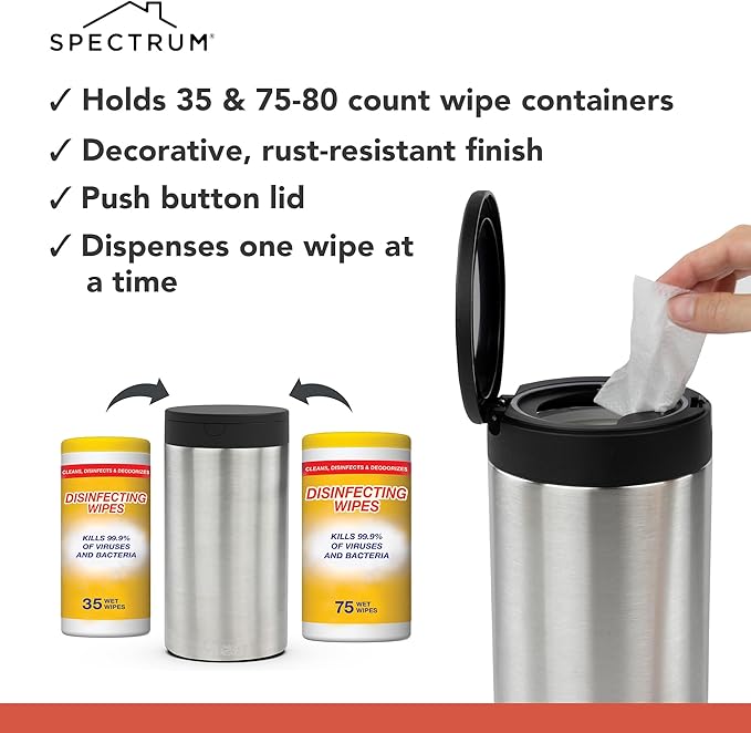 Spectrum Disinfecting Wipes Container Large Satin Nickel Refillable Stainless Steel Wipe Holder for Bathroom Kitchen Classroom, Reuseable Push Button Wet Wipe Dispenser for Cleaning Countertop