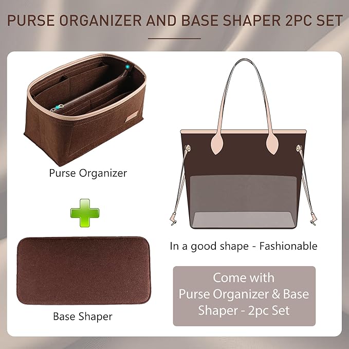 Doxo Purse Organizer Insert for Handbags & Base Shaper 2pc Set with Zipper, Felt Bag Organizer for Tote, Purse Organizer for LV Speedy 25/30/35 Neverfull MM Le Pliage L Tote Bag and More(Brown-L)