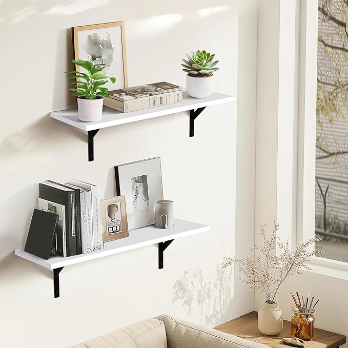 Heavy Duty Long Wall Shelves Set of 2, Floating Shelves Wall Mounted with Industrial Brackets, 40lbs Capacity Shelves for Laundry Room, Kitchen, Bathroom, Living Room (24"*8",White)