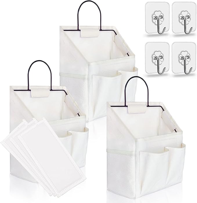 3pcs Wall Hanging Organizer Bag, Linen Fabric Door Hanging Storage Basket with Pockets, Waterproof Bin for Kitchen, Bedroom, Office, RV Camper (White-Upgraded)
