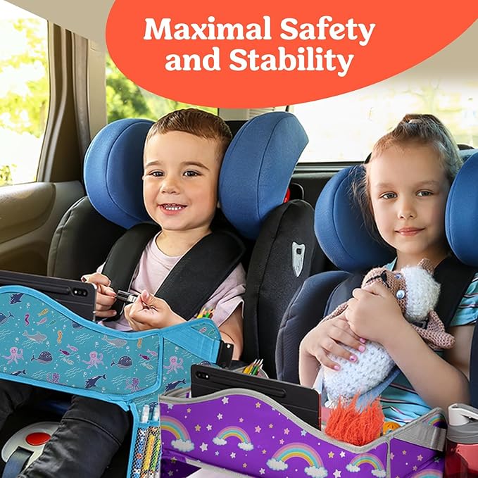 PILLANI Kids Travel Tray for Car - Car Seat Tray for Kids, Roadtrip Essentials, Carseat Table Tray for Kids Road Trip Activities - Toddler Lap Desk Organizer for Airplane