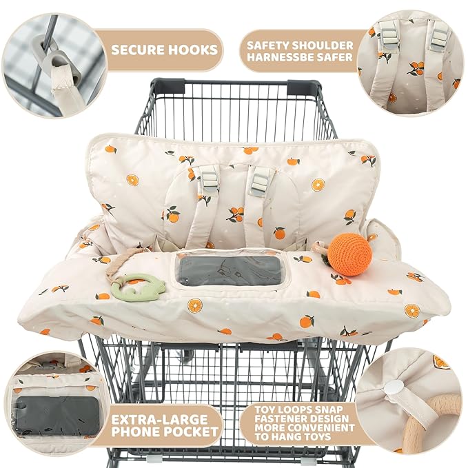 Shopping Cart Cover for Baby 2 in 1 High Chair Covers for Restaurant Comfortable Grocery Cart Seat Covers for Infant, Toddler Universal Suitable for Most Shopping Carts Machine Washable, Orange