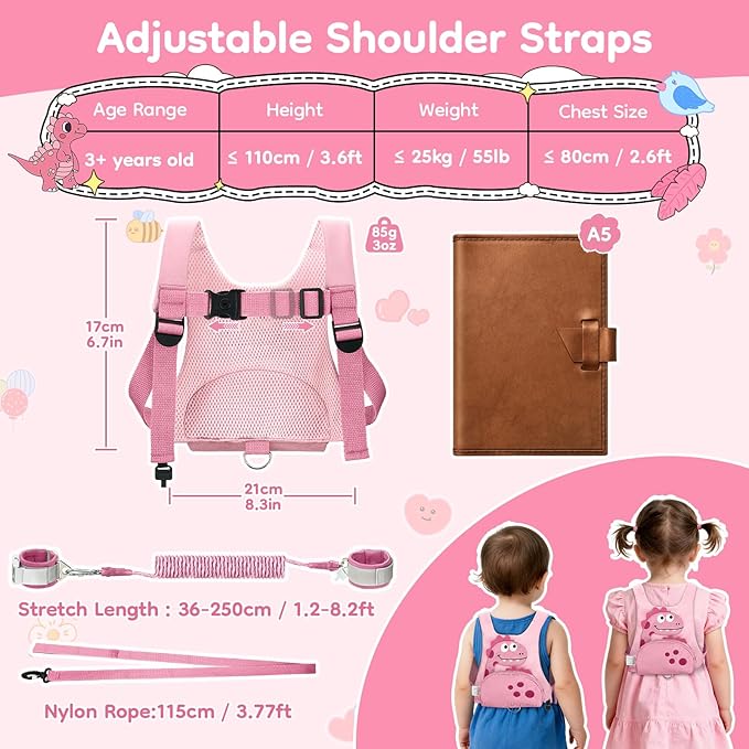Dr.meter 3 in 1 Toddler Harness Leash + 8.2ft Anti Lost Wrist Link, Cute Dinosaur Kids Anti Lost Leash with Key Lock, Child Walking Harness for Parent Boys Girls Keep Kids Close, Travel Essensials